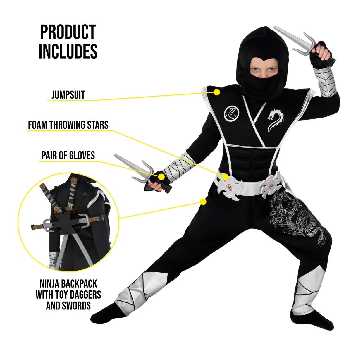 Kids Silver Dragon Ninja Costume 4 Kids Silver Dragon Ninja Costume - immagine 2