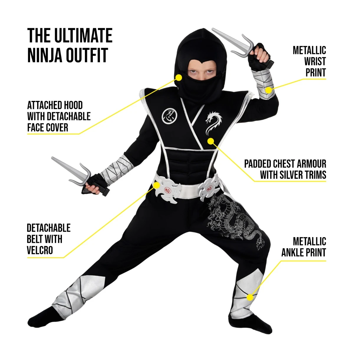 Kids Silver Dragon Ninja Costume 5 Kids Silver Dragon Ninja Costume - immagine 3