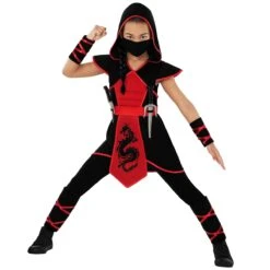 Costume Da Ninja Drago Nero E Rosso Da Ragazza -Angels Face Negozio mckddn dragon ninja kids red black 2