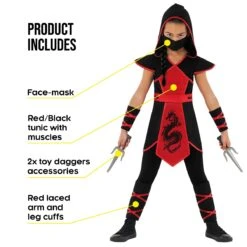 Costume Da Ninja Drago Nero E Rosso Da Ragazza -Angels Face Negozio mckddn dragon ninja kids red black 7