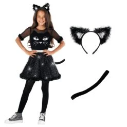 Costume Da Gatto Nero Glitterato Per Bambini -Angels Face Negozio mckgcd glitter cat dress black 10