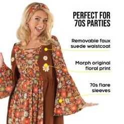 Abito Lungo Hippie Anni '60 Costume Marrone Per Donna -Angels Face Negozio mcwlhb long hippie dress brown women 14 min