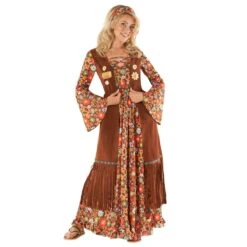 Abito Lungo Hippie Anni '60 Costume Marrone Per Donna -Angels Face Negozio mcwlhb long hippie dress brown women 1 min
