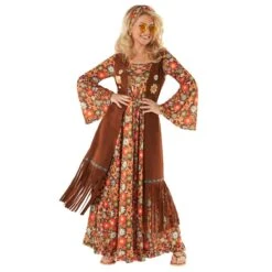 Abito Lungo Hippie Anni '60 Costume Marrone Per Donna -Angels Face Negozio mcwlhb long hippie dress brown women 4 min
