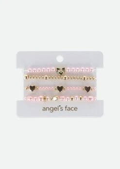 Heart And Pearl Bracelet Set Pink/Gold 7 Heart And Pearl Bracelet Set Pink/Gold -Angels Face Negozio Heart Bracelet Pink Card