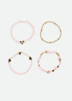 Heart And Pearl Bracelet Set Pink/Gold