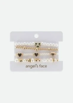 Heart And Pearl Bracelet Set Snowdrop/Gold -Angels Face Negozio Heart Bracelet White Card