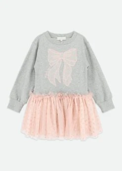 Juniper Sweat Dress With Heart Tulle Bow Grey